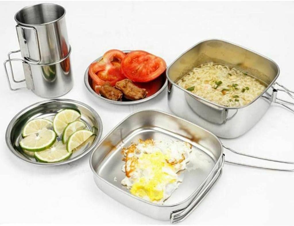 6PCS Stainless Steel Cookware Picnic Set: Frying Pan, Pot, Plates, Cups - Portable Camping Tableware Mess Kit - Outdoor Survival Cooking Gear