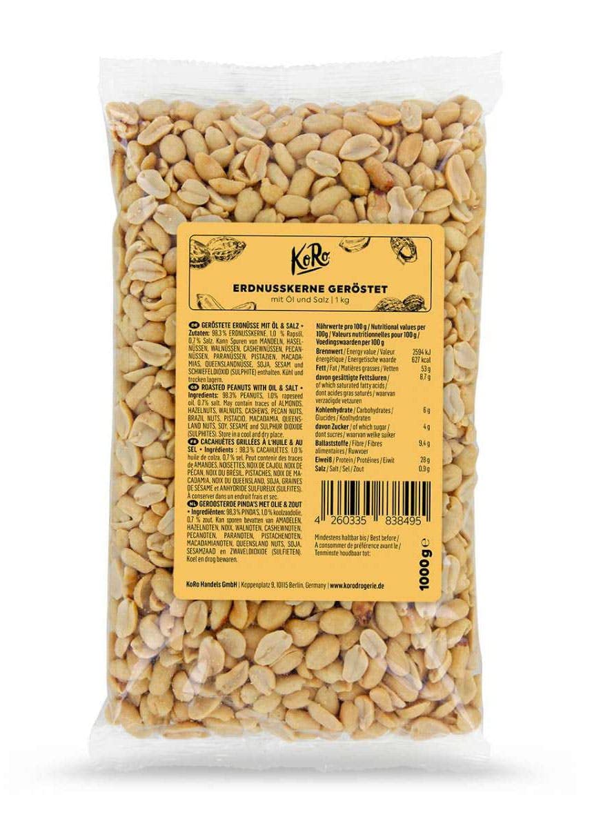 KoRo - Arachidi tostati e salati 1 kg - per aperitivi e snack - tostate e salate - maxi formato
