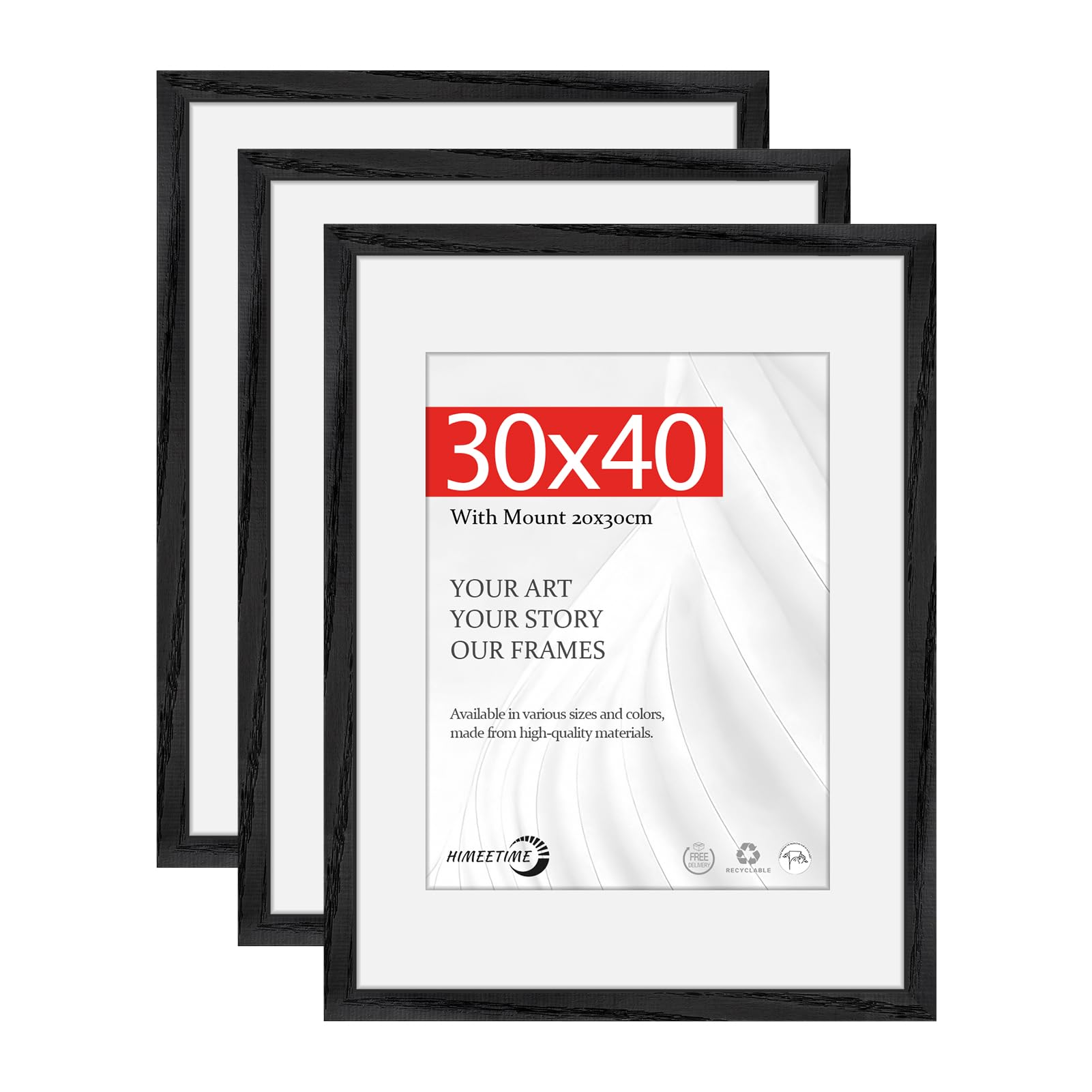 HIMEETIME® 3x 30x40cm Picture Frames | Black Obeche Wood Thin Frame | 21x30cm Photo Mat Included | Large Wall Mount Photo Frame | Solid Wood