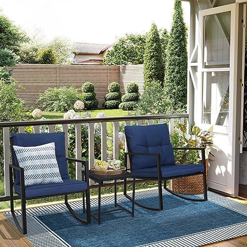 SUNCROWN 3 Piece Outdoor Rocking Bistro Set Black Wicker Furniture Porch Chairs Conversation Sets with Glass Coffee Table, Dark Blue
