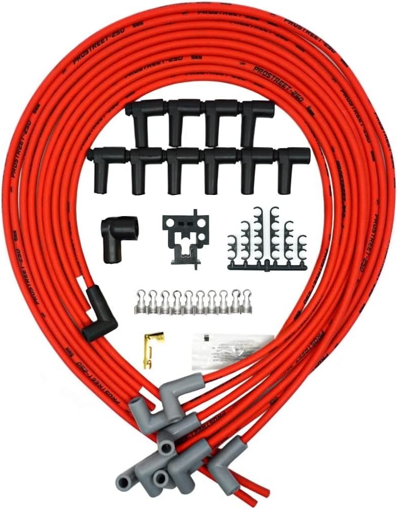 UPP - PROSTREET - Red 8mm Silicone High Performance Racing Universal V8 Spark Plug Wire Set-250 ohm Core-90 Degree Boots-Wire Stripper/Crimper Included Fits Chevy and Ford V8 Engines