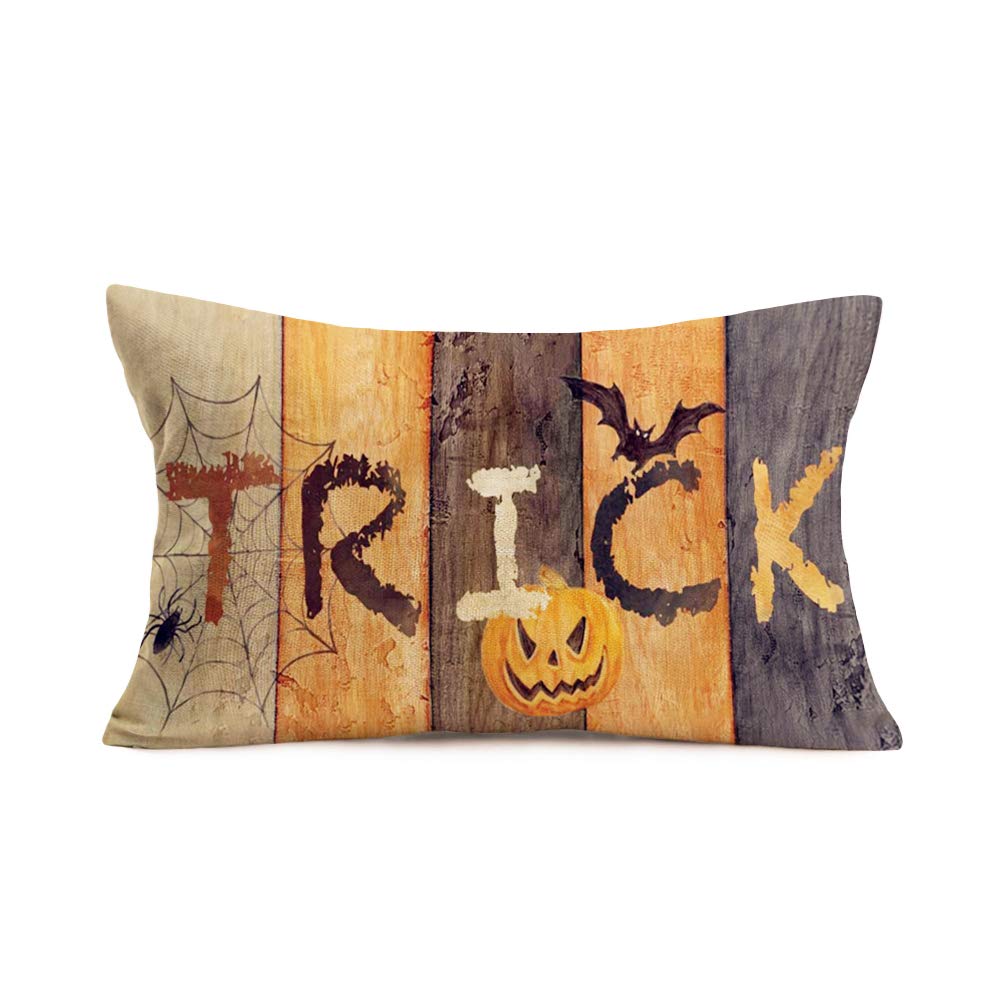 Hopyeer Halloween Trick Pumpkin Design Pillow Covers Cotton Linen Vintage Wood Plank Background with Bats Spiders and Cobwebs Rectangle Lumbar Pillow Cases for Bed Sofa Couch 12"x20" (HT-Trick)