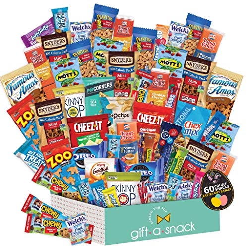 Easter Candy Gift Baskets for Kids & Adults, Snack Box Variety Pack (60 Count) - College Student Care Package, Prime Food Arrangement Chips, Cookies, Bars - Birthday Treat for Girls, Boys, Teens
