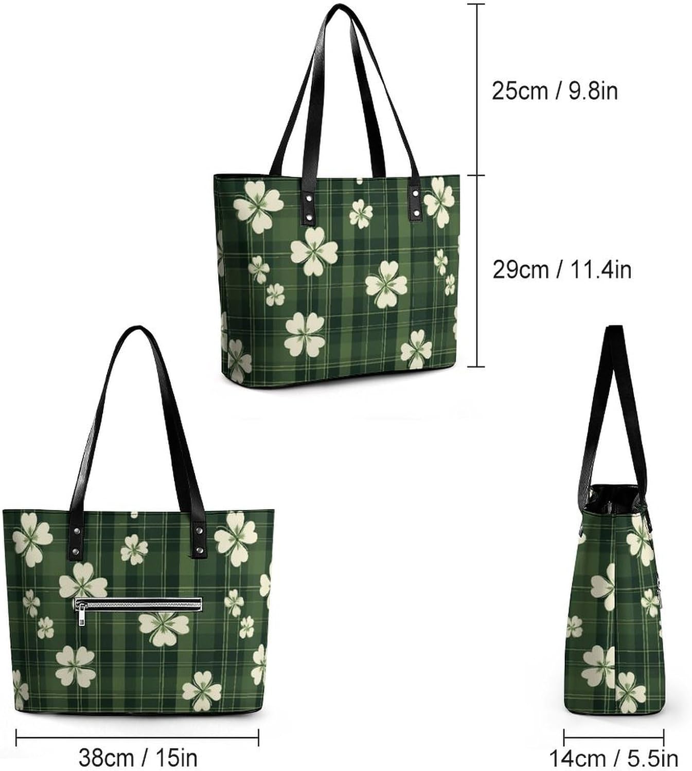 Green Plaid Checkered Shamrocks Women's Satchel Handbags Tote Shoulder Bag Purses for Travel Shopping Work