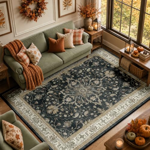 Image of RELEANY Washable Area Rug, 5'x7', Black /Vintage /Beige | Non-Slip, Water Repellent, Pet Friendly, Easy to Clean, Vintage Floral Boho Decor for Living Room Bedroom Dining Room Office