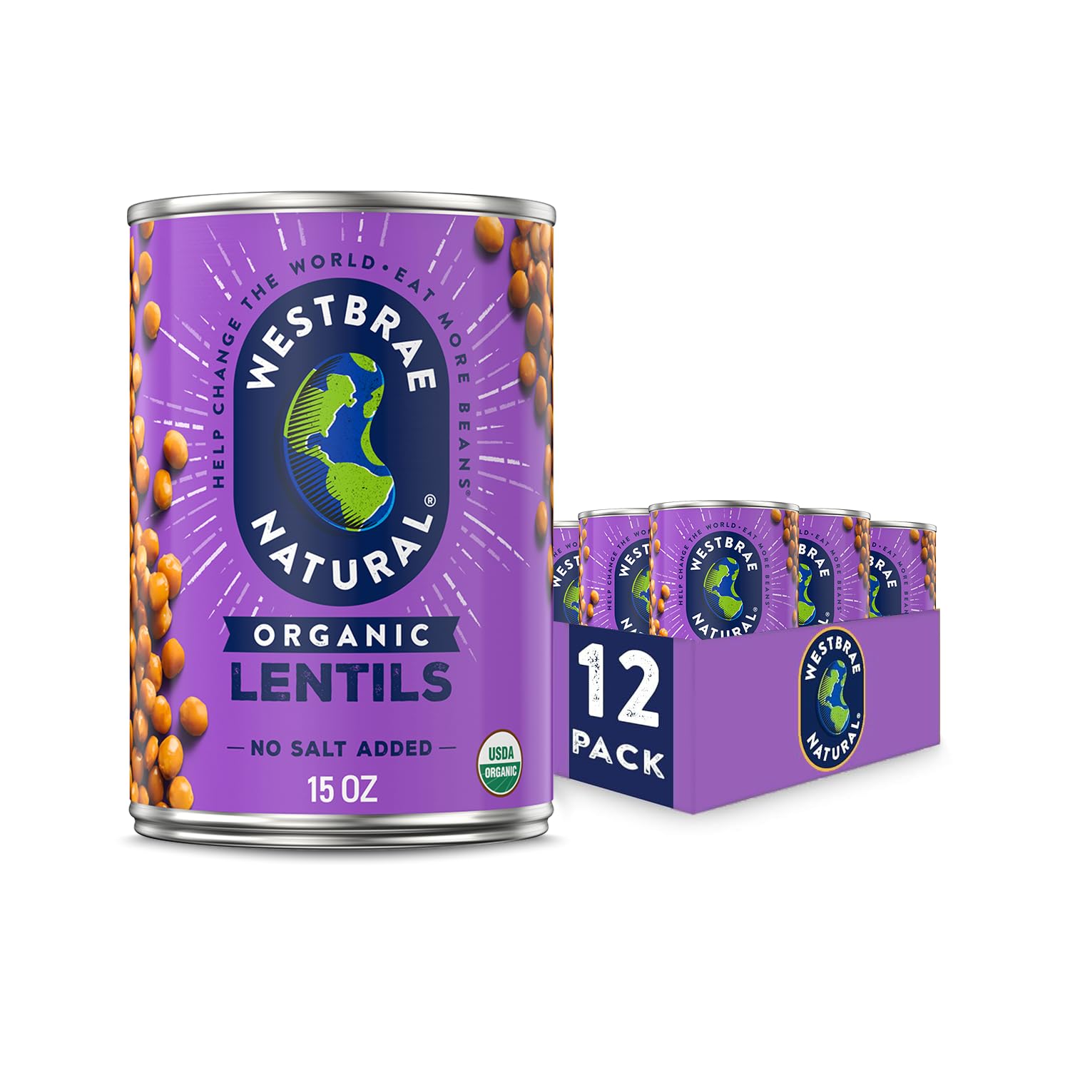 WESTBRAE 15 oz Natural Organic Lentil Beans, No Salt Added, Source of Plant Based Protein and Fiber, Low Fat, Gluten Free, (Pack of 12)