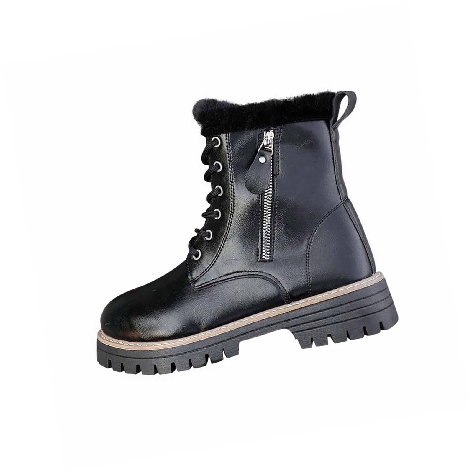 Snow Hiking Winter Boots for Women Combat Work Boot Non-slip Fur-Lined Ankle Boots Fashion Waterproof Side Zip Leather