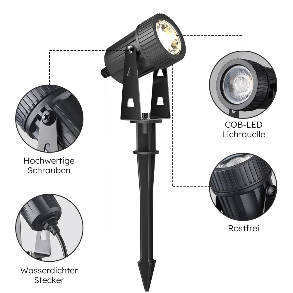 GEEDIAR LED Gartenbeleuchtung, 4 Stücke, Warmweiß 3200K Gartenleuchte mit Erdspieß, IP65 Wasserdicht LED Gartenstrahler mit Stecker, Gartenlampe für Außen Garten Rasen Dekorative