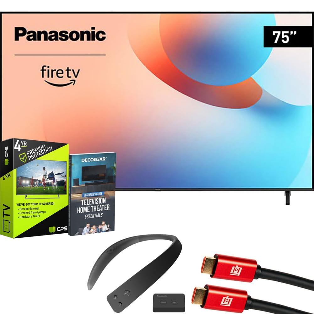 PanasonicTV-75W95AP W95 75" Mini LED 4K UHD Smart Fire TV 2024 Bundle with WN10 Neck Speaker, 4 YR CPS Enhanced Protection, 2X HDMI Cable & Deco Gear Complete Home Theater Beginner's Guidebook