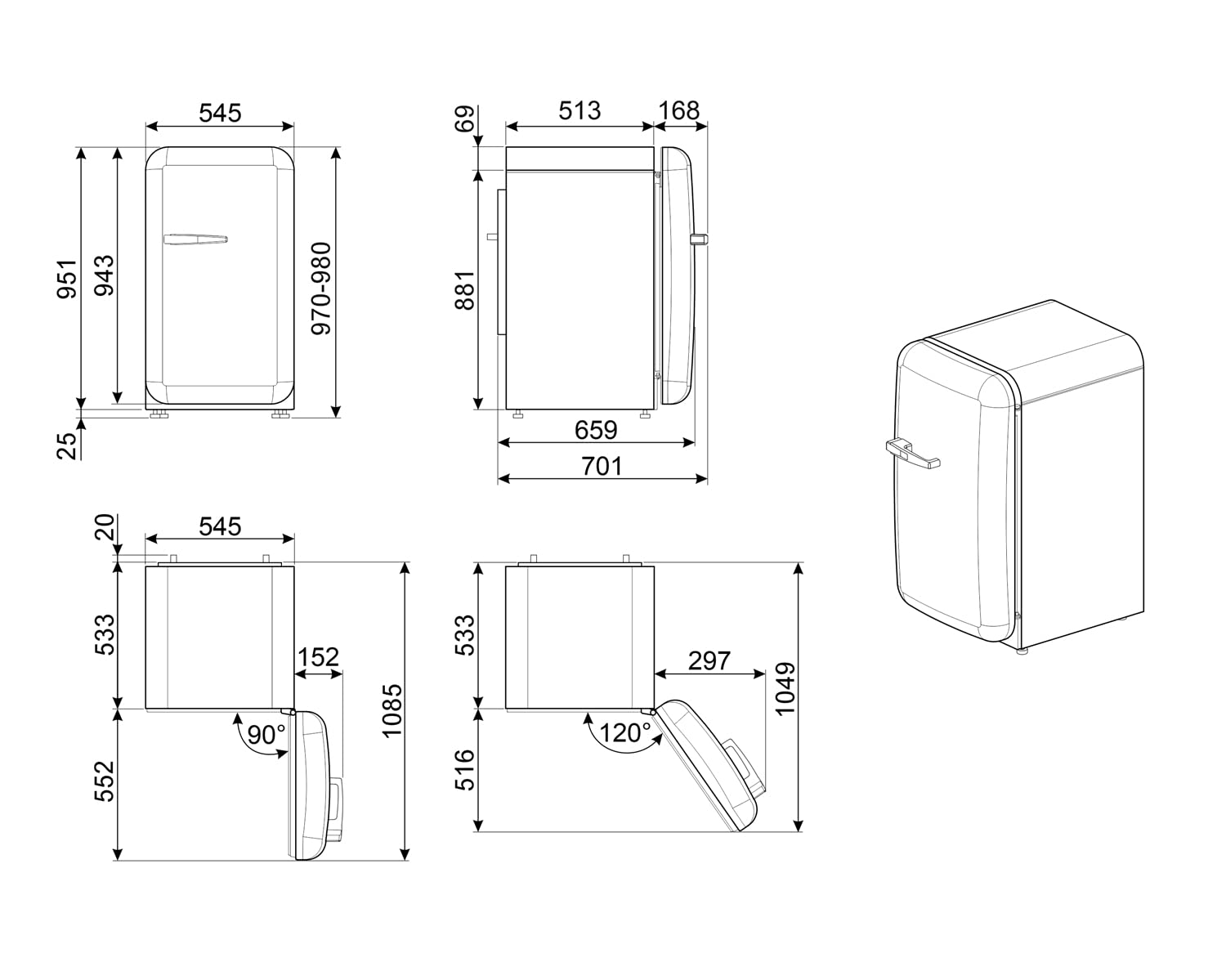 RÉFRIGÉRATEUR 1 PORTE FAB10RWH5 ANNÉES 50 BLANC CHARNIÈRE DROITE :  Amazon.it: Grandi elettrodomestici