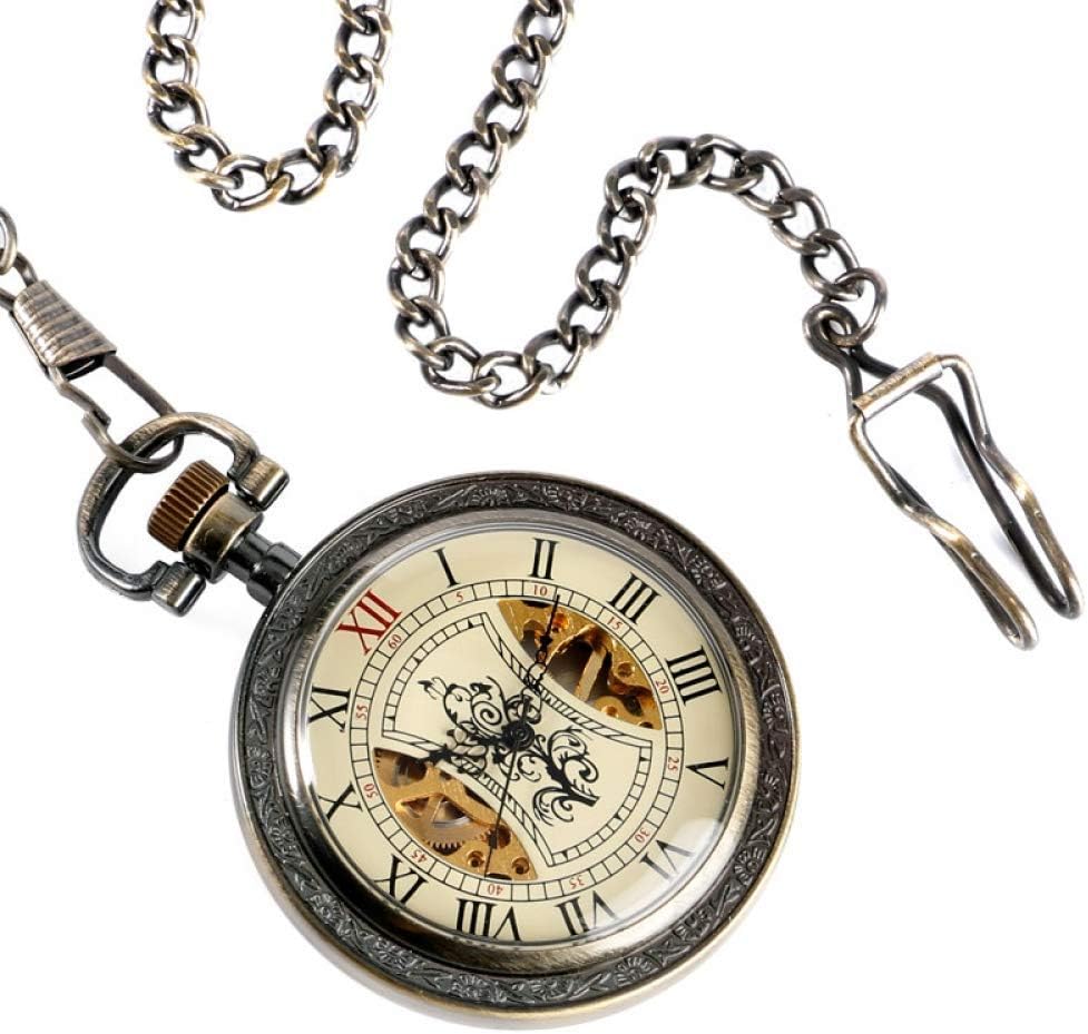 Pocket Watch,Vintage Tree Pattern Hand Winding Pocket Watches Women Men Mechanical Chain Exquisite Skeleton Roman Numbers Wind Up Gift