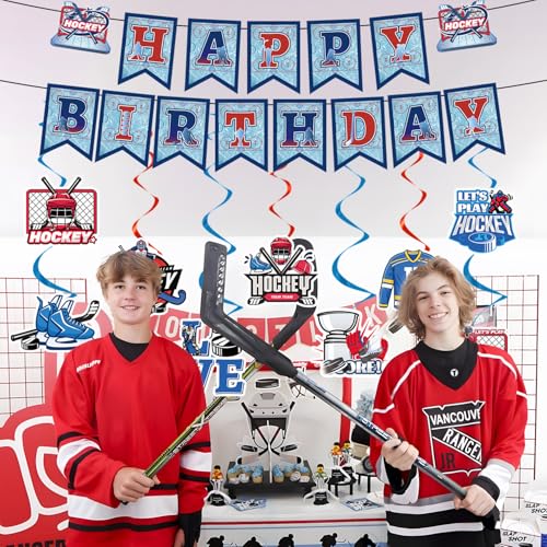 Image of Hockey Birthday Party Decorations - 11PCS Hockey Birthday Decorations Banner Hanging Swirls Game Day Game Time Sport Themed Party Decor Supplies for Kids Fans Boys