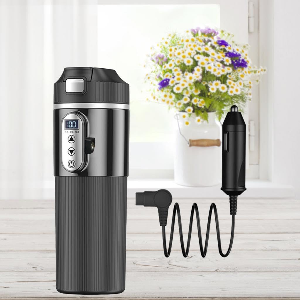 Taza Eléctrica de Viaje con Calefacción, Botella Aislante, Taza Térmica Fabricada en Acero Inoxidable 304 para Calentar Té Y Agua, Negro, Individual