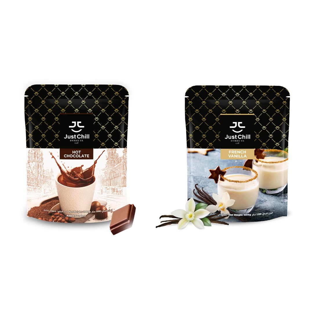 JUST CHILLDrinks Co. Beverage Premix, Hot Chocolate + French Vanilla Combo (1000 g Each)