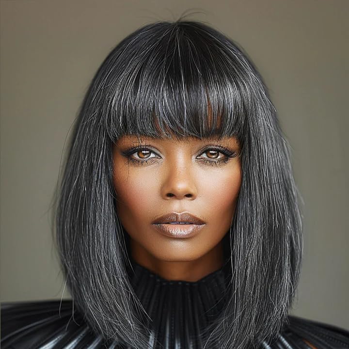 SOUL LADY Salt And Pepper Grey Wigs, Body Wave Headband Human Hair Wigs For Seniors Silver Gray Body Wave Headband Wig Non Lace Bob Wig 12 Inch