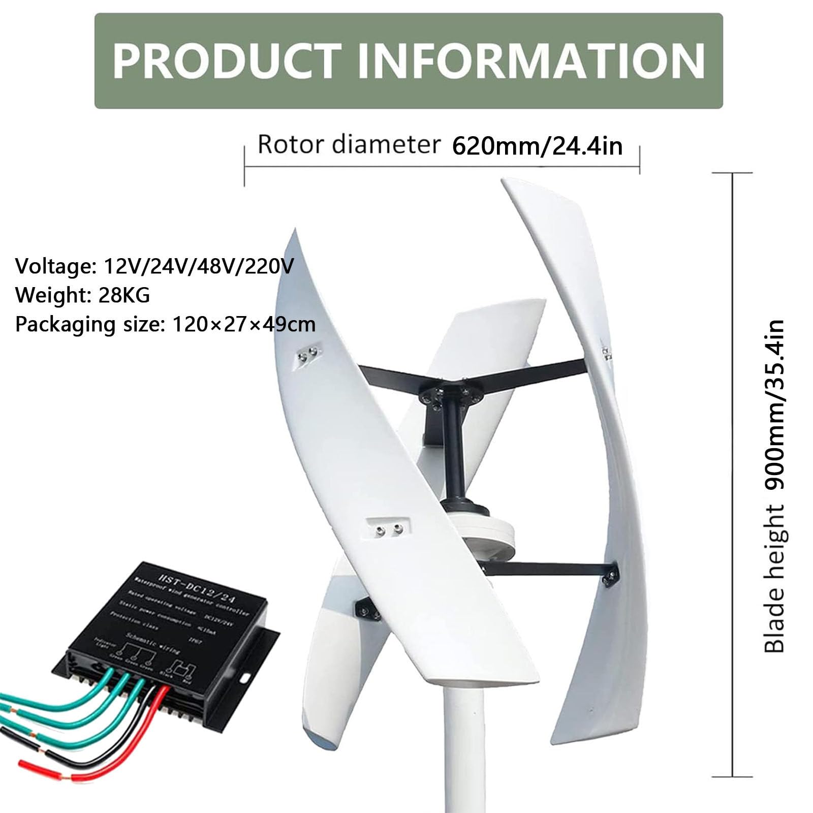 Generatore di turbina eolica da 18000W,Kit generatore di turbina eolica Verticale da 12V,24V,48V,220V,Kit turbina eolica a 3 Pale da 35" di Altezza per integrazione energetica Domestica 24V