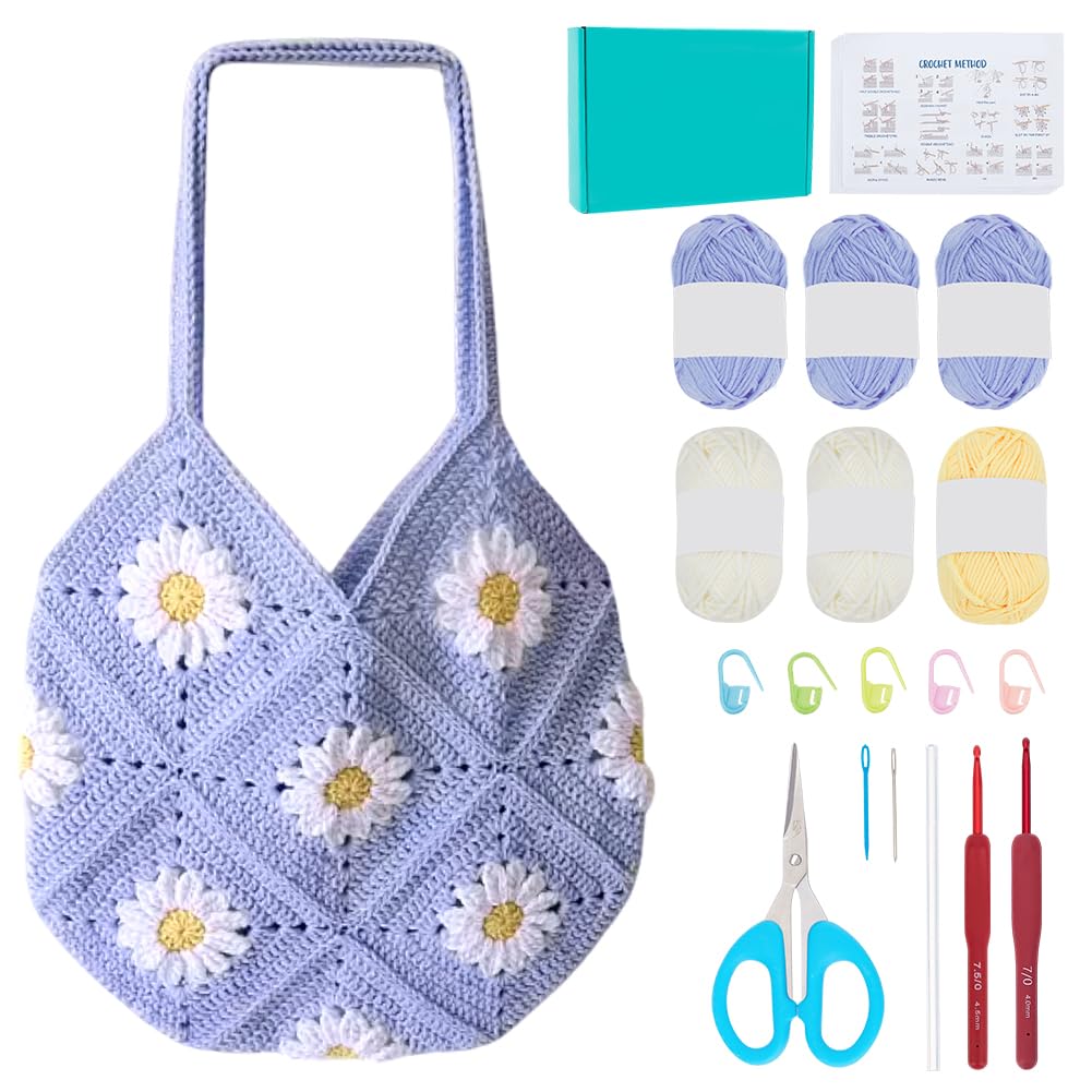 ORIGACH DIY Daisy Crochet Bag Kit for Beginners Adults, Crochet Granny Square Bag Kit with Instruction Video Tutorials, Learn to Crochet Bag Making Kit for Starters, Light Sky Blue