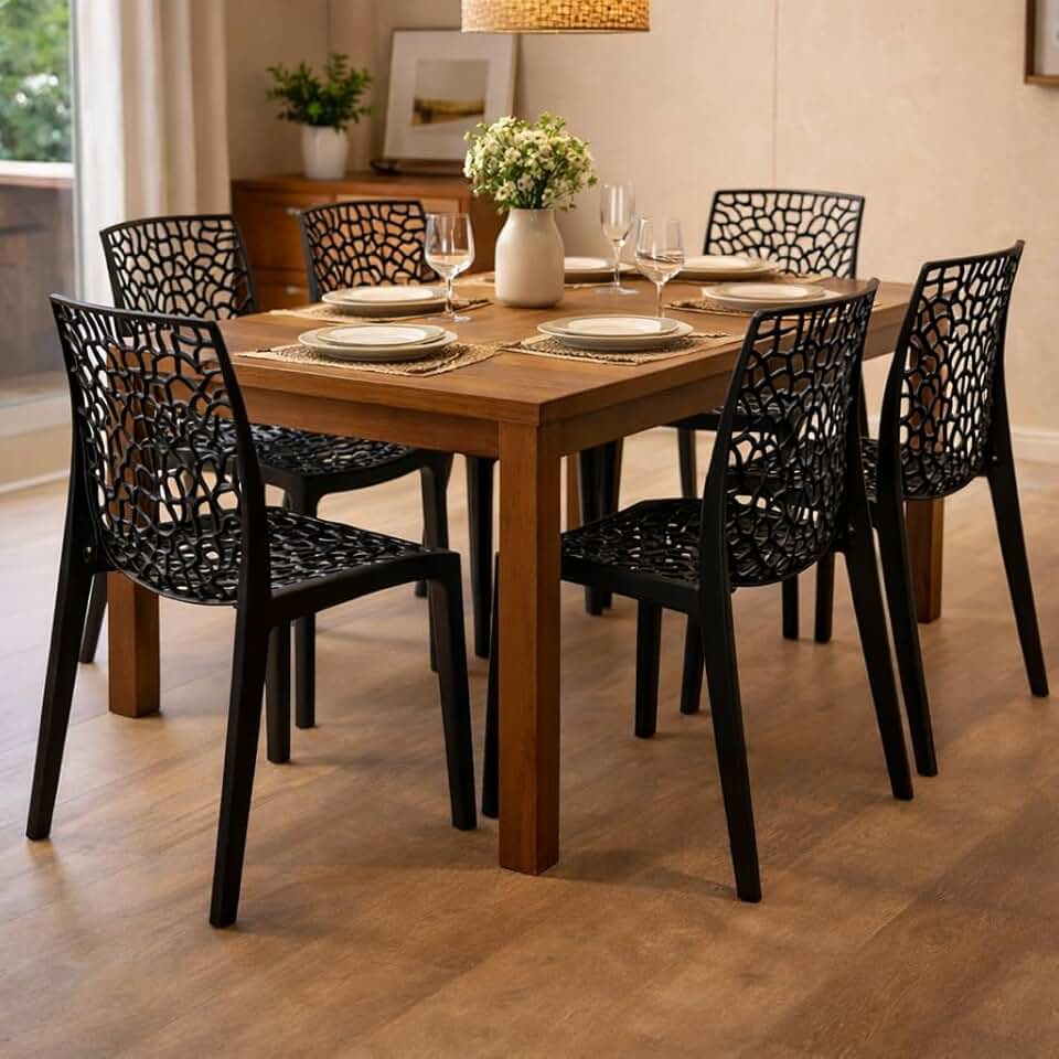 Kit 6 Cadeiras de Jantar em Polipropileno Preto para Sala de Jantar Cozinha Área Gourmet Uso Interno e Externo