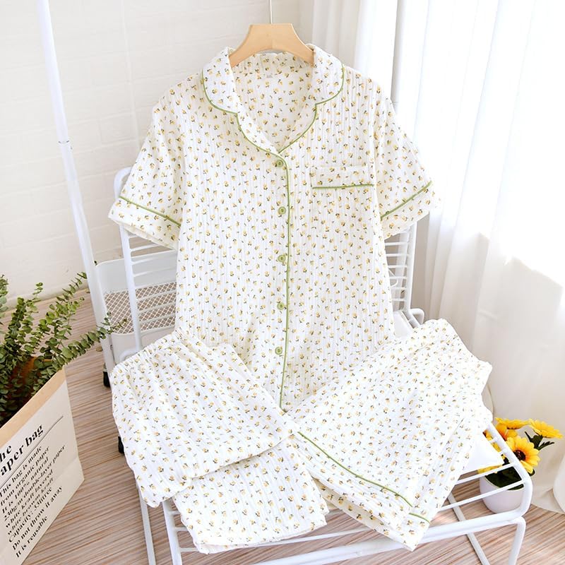 Image of codcm Womens 3pcs Cotton Pajamas Set Short Sleeve Sleepwear Fruit Print Cute Pj Set with Long Pants