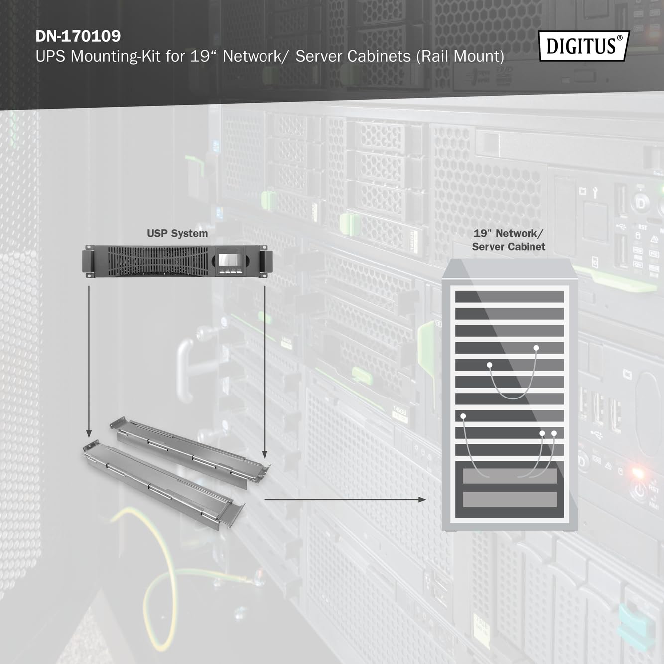 DIGITUS Kit de Montaje UPS para Racks de 19" – para armarios de Red y servidores DIGITUS de 19" – Compatible con Sistemas UPS Online – Profundidad Variable de 468,5 a 1000 mm | Profundidad variable de 468,5 a 1000 mm – Para alimentación ininterrumpida de