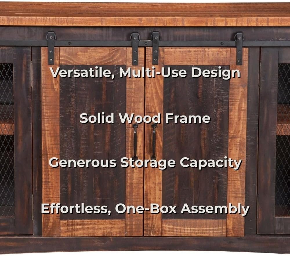 Martin Svensson Home 65" Solid Pine Wood Entertainment Center with Storage. Rustic TV Stand for TVs up to 70." Sliding Doors, Adjustable Shelves & Cable Management – Black and Honey Finish