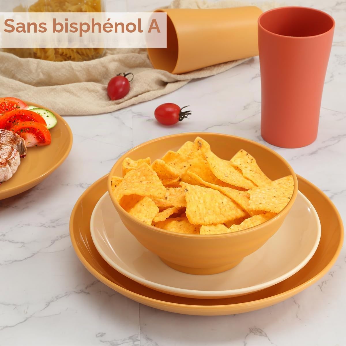 Bestdin Vaisselle de camping, 24 pièces, pour 6 personnes, incassable, vaisselle de pique-nique avec bol, assiette et gobelet pour camping, pique-nique, fête, sans BPA, passe au lave-vaisselle