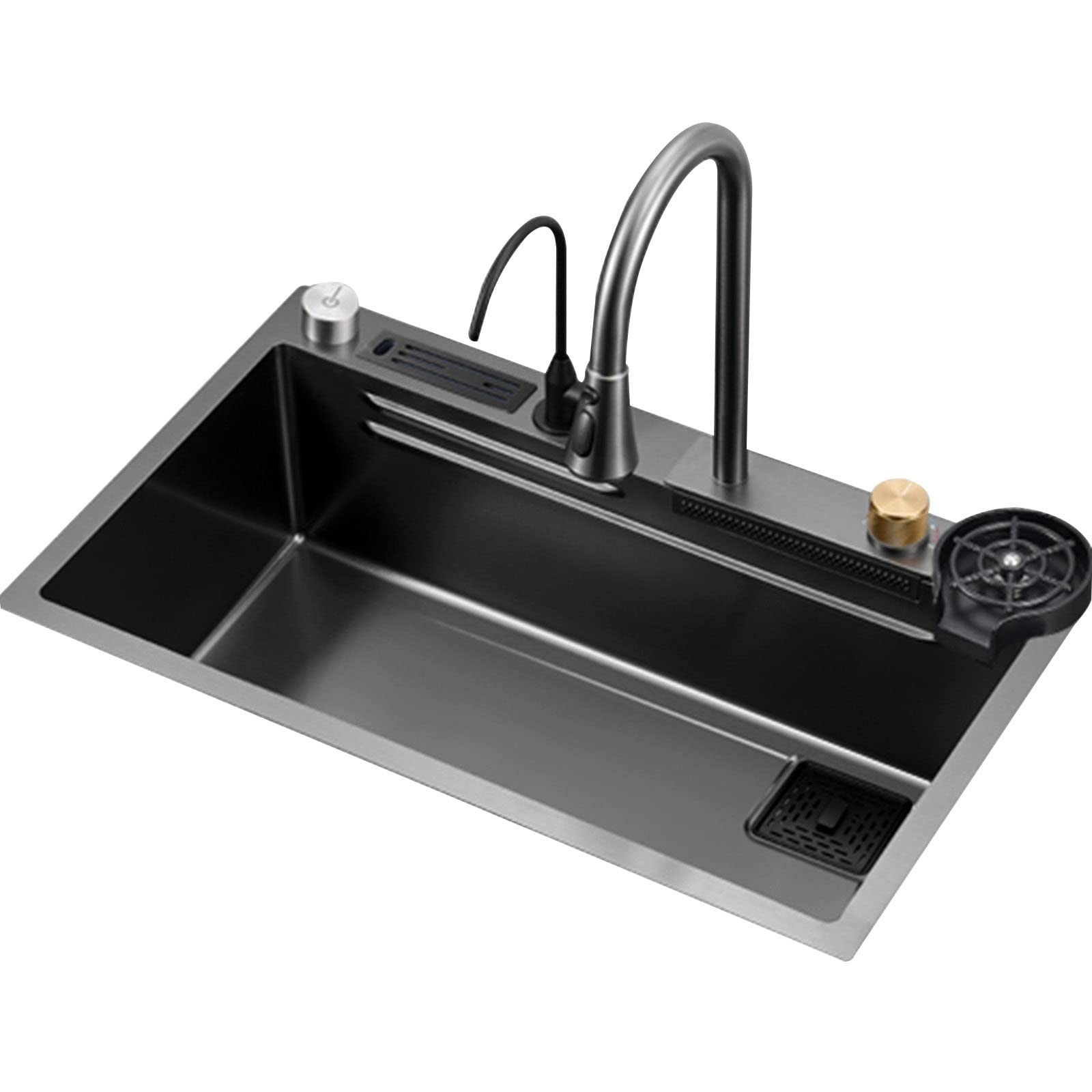 ZQFHSX Black Kitchen Sink, 304 Stainless Steel, Waterfall + Pull-Out Faucet, 5 Holes, with Knife Rack, Multifunctional countertop Rectangular Sink(68 * 46 20cm)