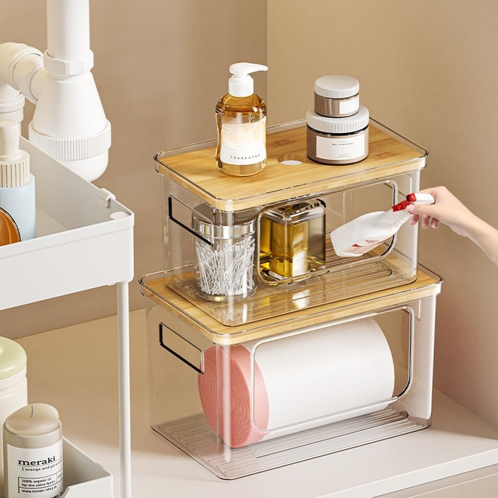 Caja de almacenamiento apilable Tapa de madera PET transparente 29.5cm (G)