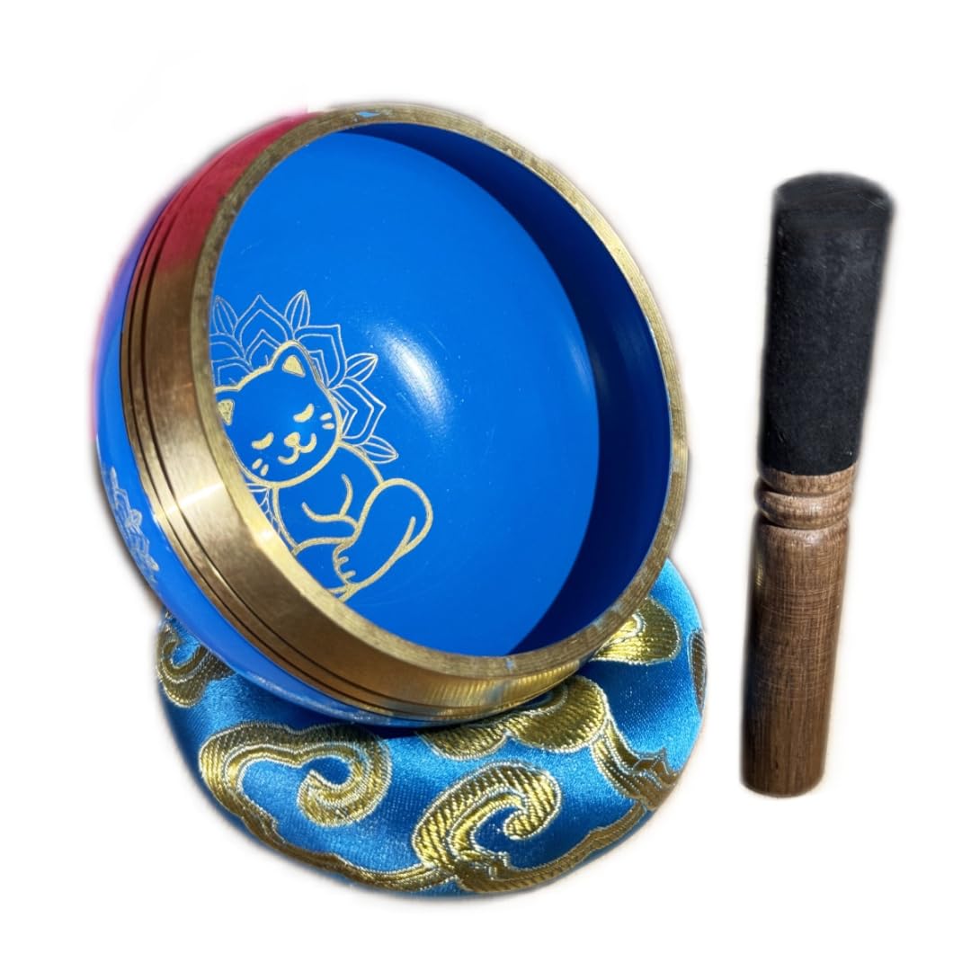Tibetan Singing Bowl-Singing Bowl Set — Meditation Sound Bowl- Handcrafted in Nepal- sound Healing and Meditation- Cat Design deco- Gift Box Anti Stress - Beginners - Kids - Adolescents.
