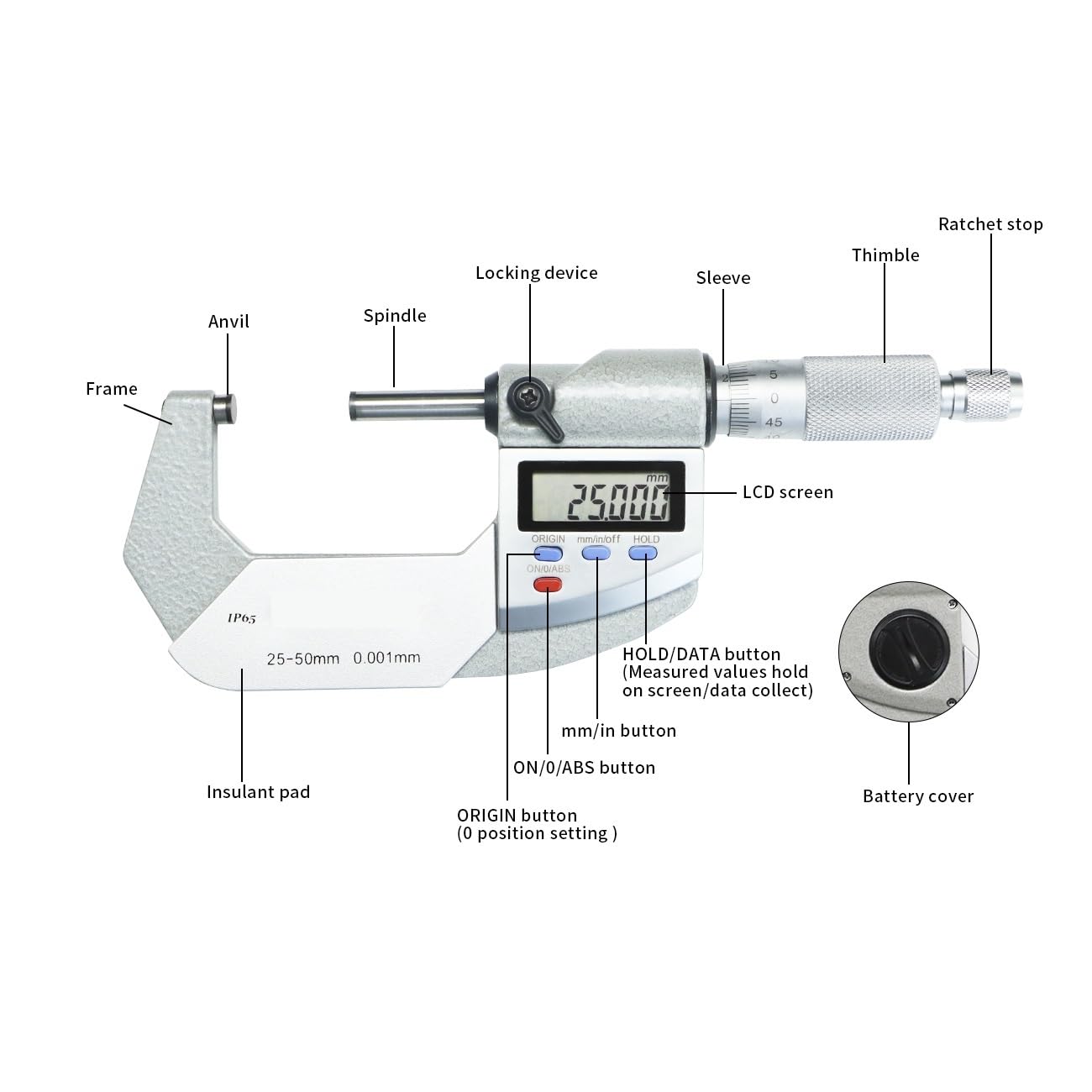 Cyfrowy elektroniczny mikrometr zewnętrzny IP65 0-25/25-50/50-75/75-100 Mm Mikrometr cyfrowy 0,001 mm(50-75mm)