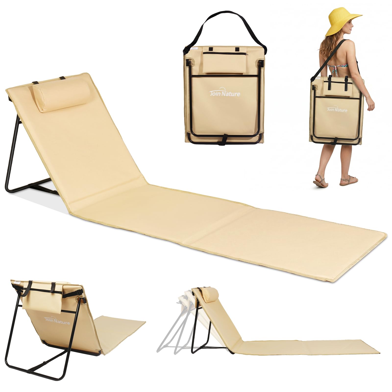 Strandmatte, XXL Liegematte Strand Faltbar 186 x 53cm, Strandtuch mit Verstellbarer Rückenlehne, Leicht Sonnenmatte Gepolstert für Outdoor, Freibad Pool