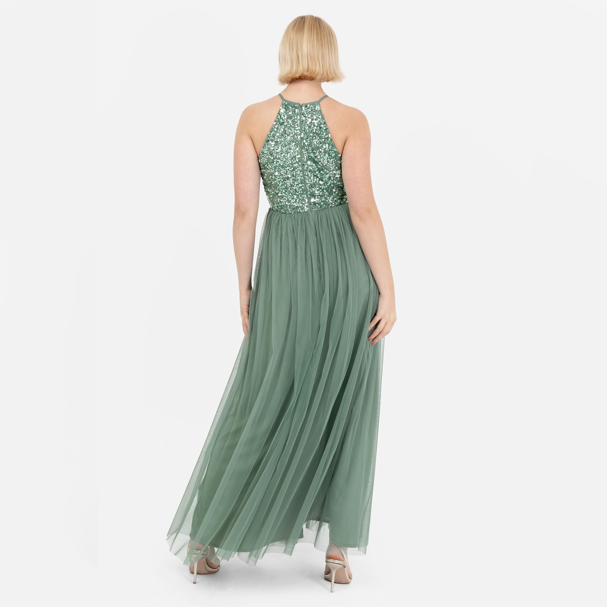 Abendkleid Pailletten Cocktailkleid Damen Tüllkleid Kleid Nackenband Abendkleid Elegant für Hochzeit Brautjungfernkleid