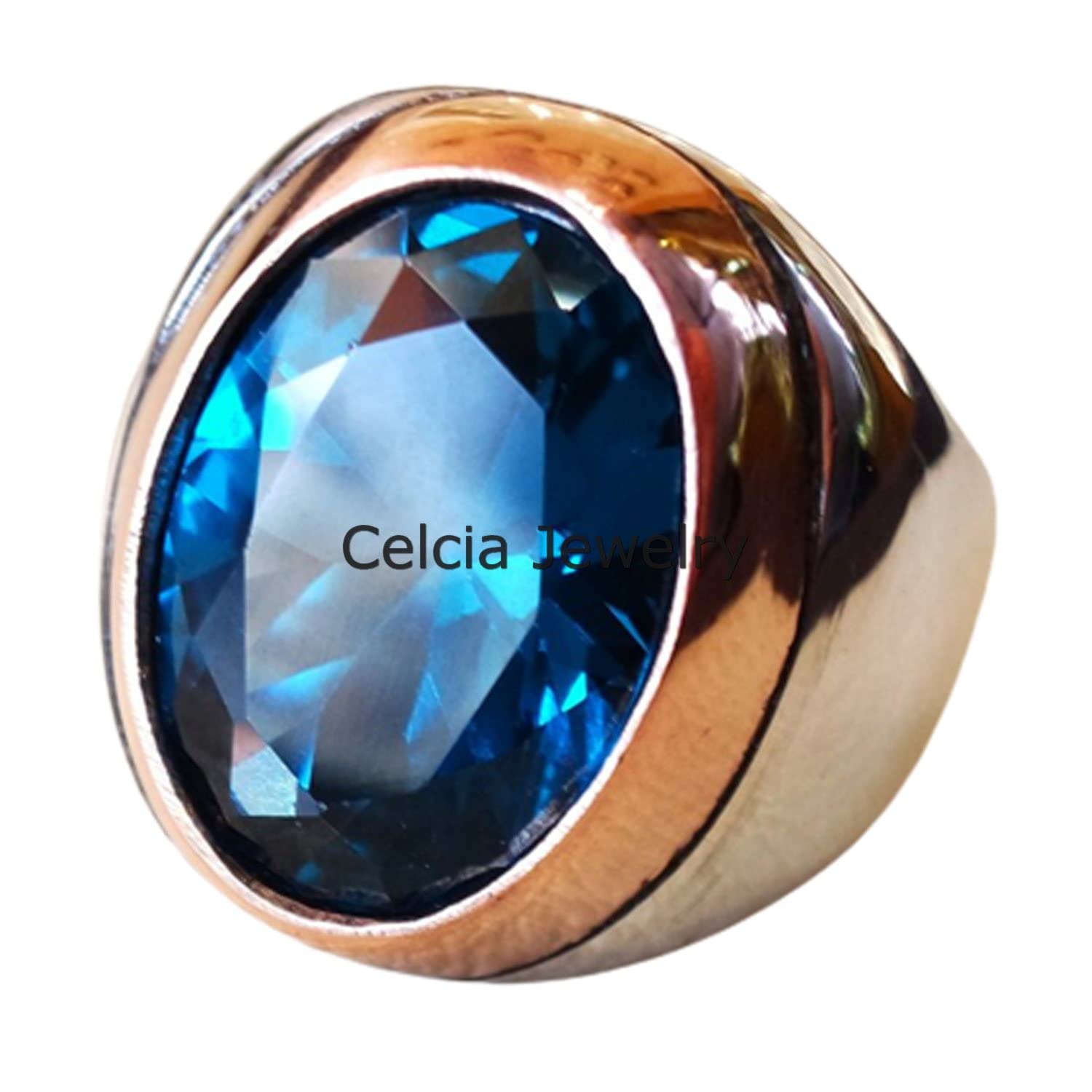 Anillo de piedra enorme ovalada de circón cúbico azul vivo profundo natural, anillo de sello de plata de ley 925 sólida, anillo de declaración, anillo de compromiso de boda