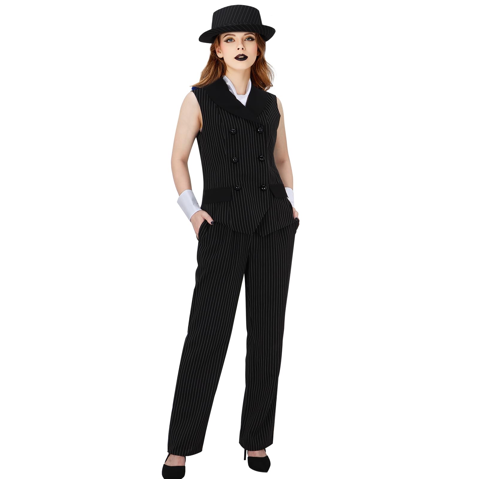 LIKUNGOU Ladies Mafia Pinstripe Costume Women 1920s Gangster Fancy Dress  Set Outfit Halloween Carnival Party Suit (M)  BigaMart