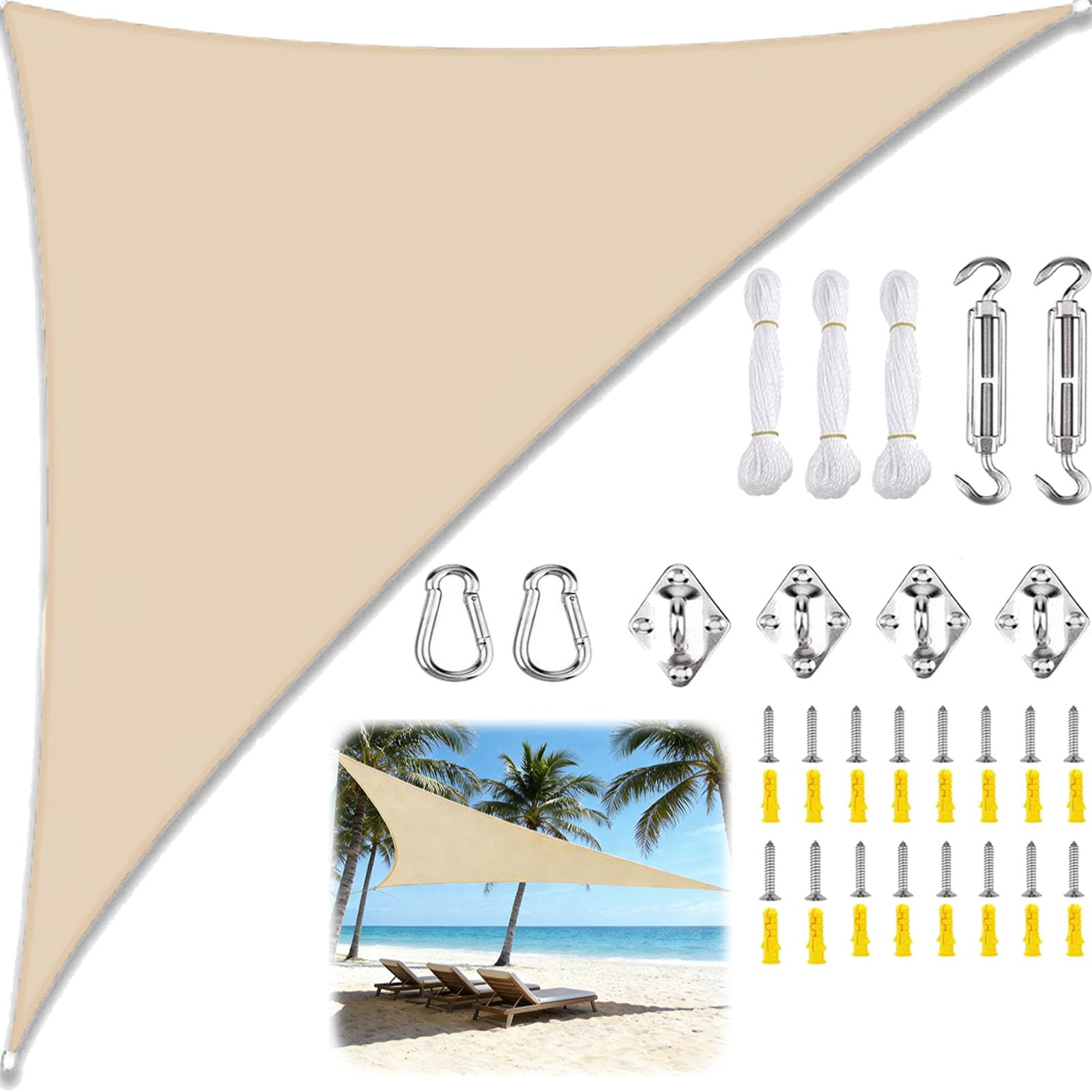 Sun Shade Sail Triangle Waterproof, Sunscreen Awning Canopy with Rope Fixing Kits, Triangle Patio Sail Pergola for Outdoor Garden Patio Party Backyard Yard Camping-Cream color||5x5x7.1M