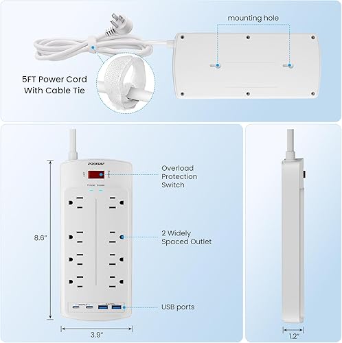 Miniatura 7 de POWSAF - Protector de sobretensiones de 8 tomas, cable de extensión de enchufe plano de 5 pies con 2 puertos USB-C (PD 20W) de carga rápida y 2