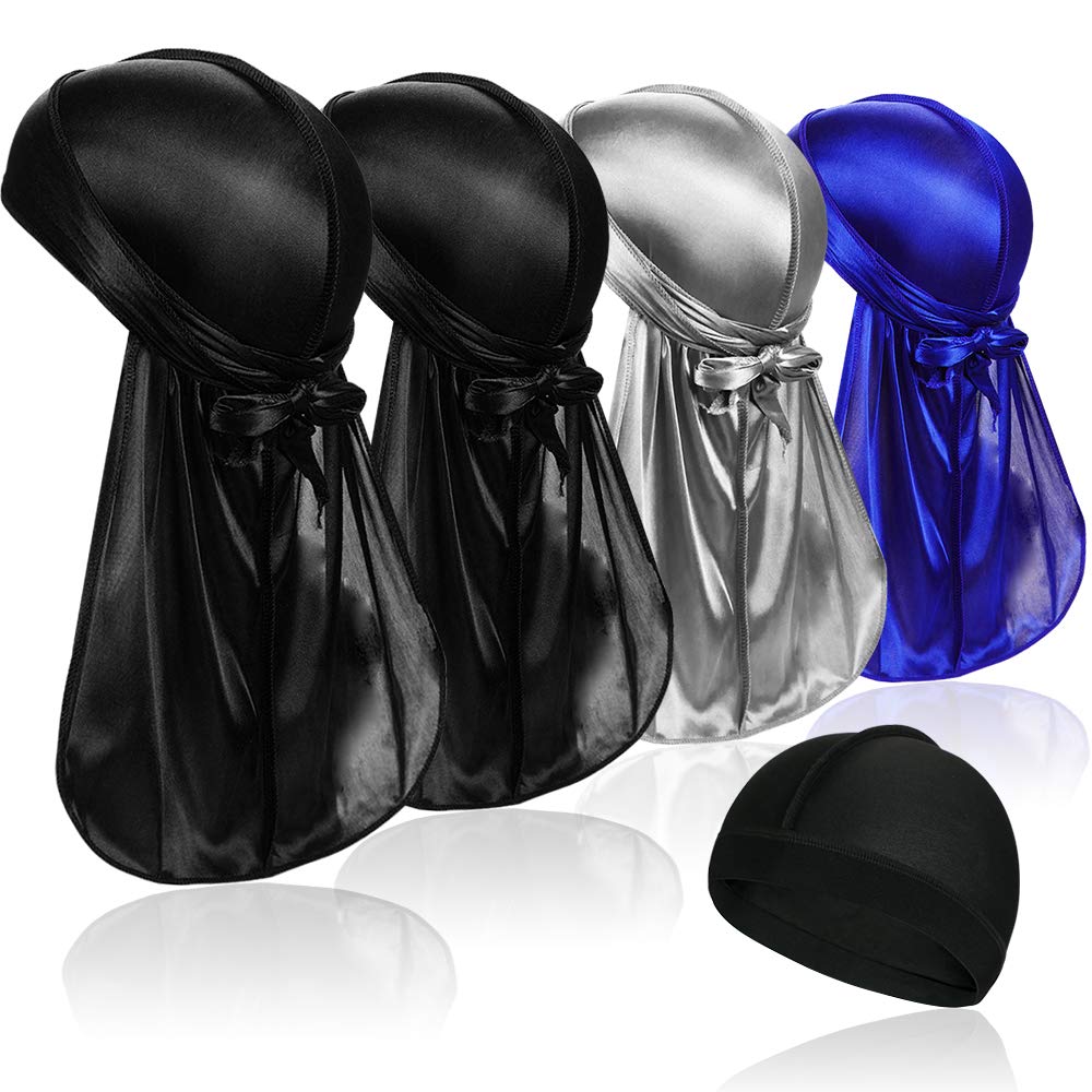 4 Pcs Silky Durag Caps Headwraps with Long Tail and 1 Piece Silk Wave Cap Perfect for Men 360 Waves