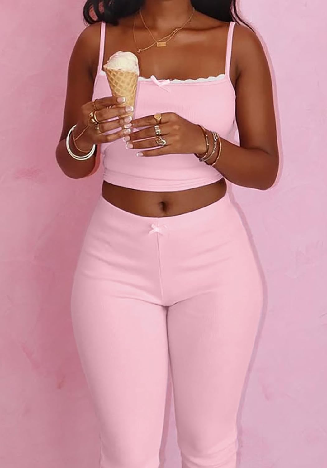 Geulis Women's 2 Piece Outfits Sexy Spaghetti Straps Sleeveless Camisole Crop Tops Bodycon Capri Pants Sets - Image 4