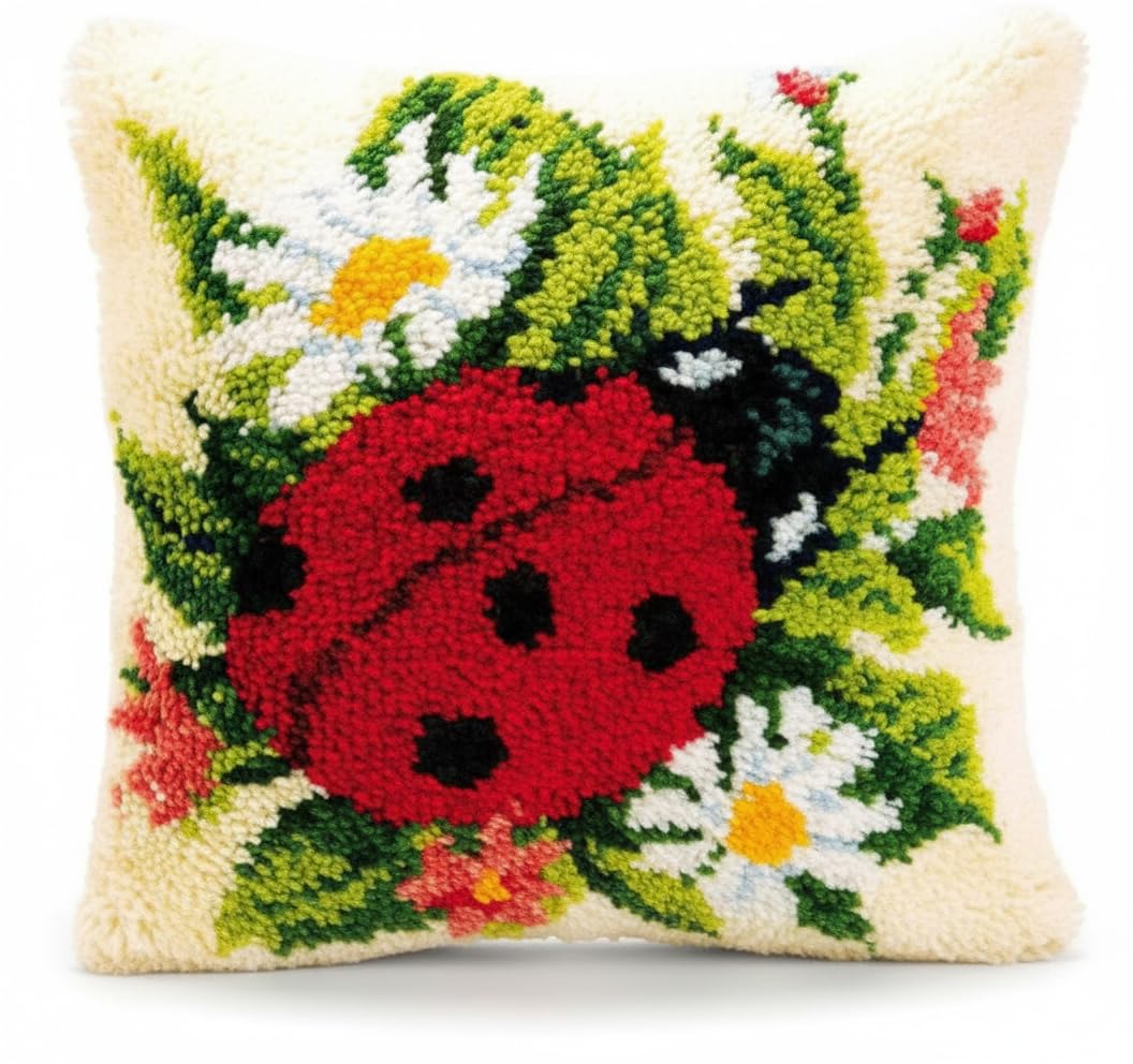 VERVACO Kit Latch Hook Cuscino Coccinella Kit Gancio di Chiusura Tappeto ca. 40 x 40 cm Set Ricamo Principianti Casa Decorazioni attività Creative Adulti Hobby Rilassanti Gobelin Cuscino