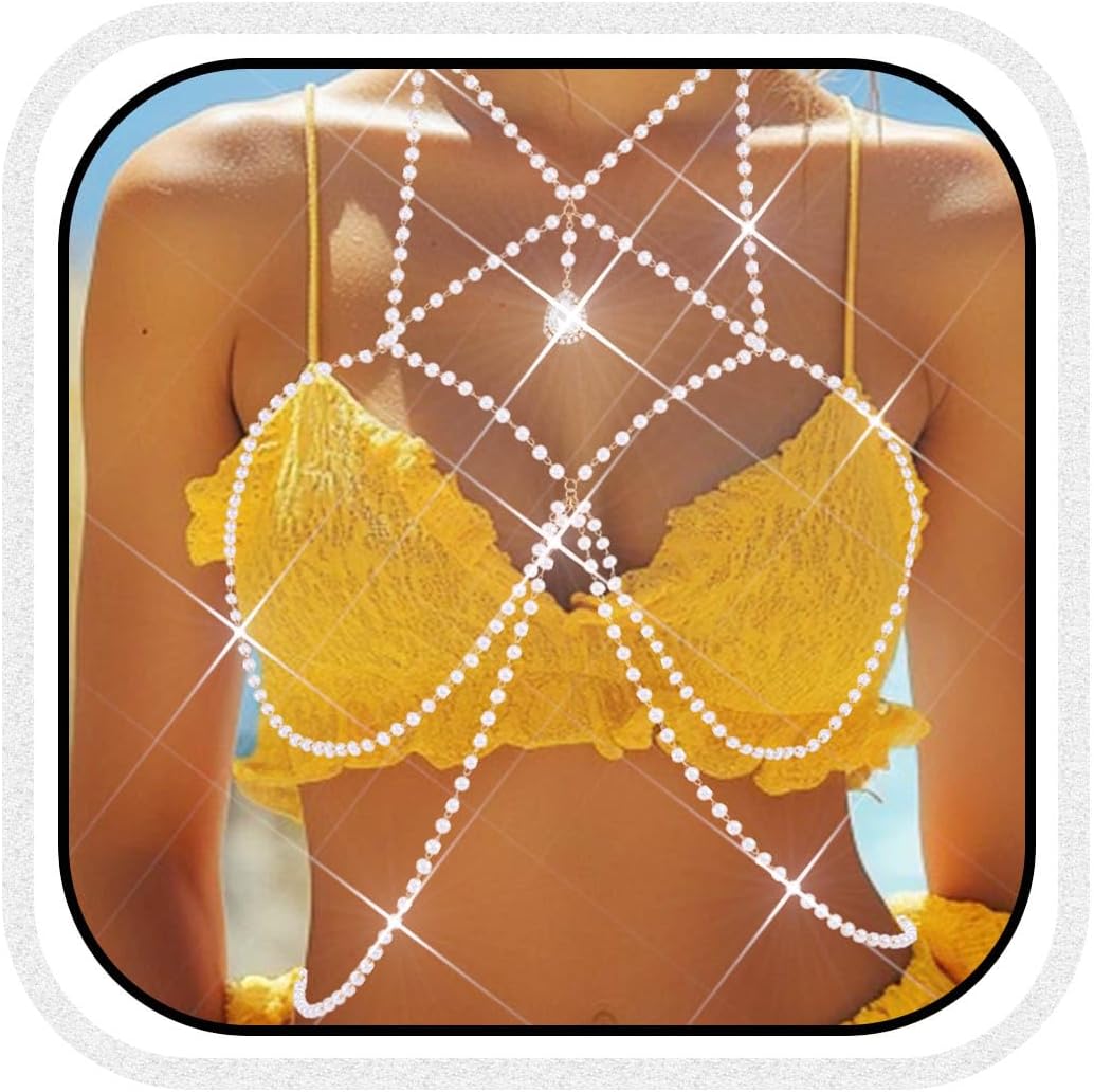 BODIY Pearl Body Chain Necklace Layered Chest Jewelry Rhinestone Body Chain Bikini Bra Pearl Body Accessories for Women