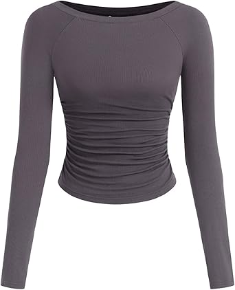 PRETTYGARDEN Long Sleeve Shirts for Women 2025 Fall Ruched Sides Boat Neck Basic Tee Casual Fitted Ribbed Knit Crop Tops