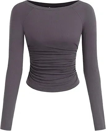 PRETTYGARDEN Long Sleeve Shirts for Women 2025 Fall Ruched Sides Boat Neck Basic Tee Casual Fitted Ribbed Knit Crop Tops