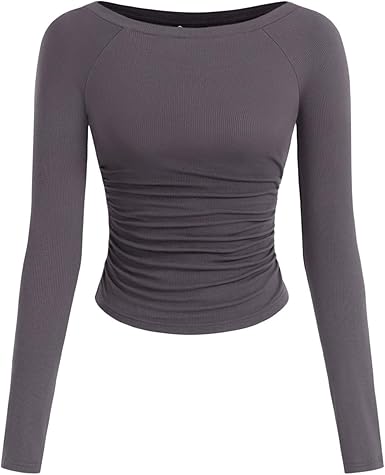 PRETTYGARDEN Long Sleeve Shirts for Women 2025 Fall Ruched Sides Boat Neck Basic Tee Casual Fitted Ribbed Knit Crop Tops