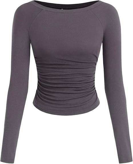 PRETTYGARDEN Long Sleeve Shirts for Women 2025 Fall Ruched Sides Boat Neck Basic Tee Casual Fitted Ribbed Knit Crop Tops