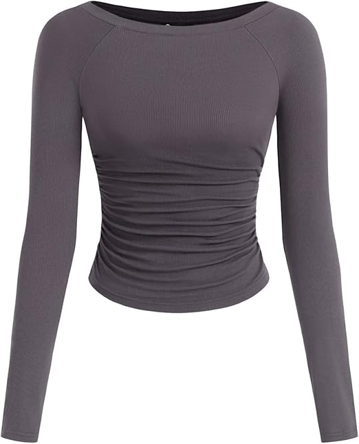 PRETTYGARDEN Long Sleeve Shirts for Women 2025 Fall Ruched Sides Boat Neck Basic Tee Casual Fitted Ribbed Knit Crop Tops