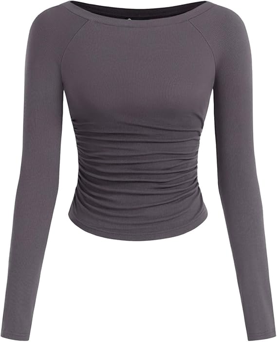 PRETTYGARDEN Long Sleeve Shirts for Women 2025 Fall Ruched Sides Boat Neck Basic Tee Casual Fitted Ribbed Knit Crop Tops