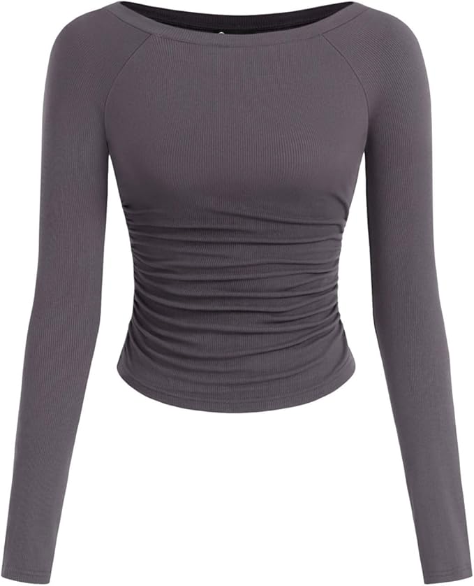 PRETTYGARDEN Long Sleeve Shirts for Women 2025 Fall Ruched Sides Boat Neck Basic Tee Casual Fitted Ribbed Knit Crop Tops