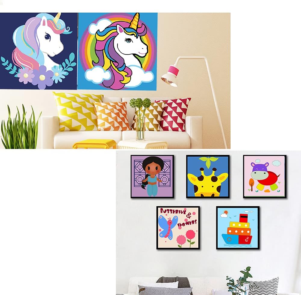 AMETUS Kids Paint by Numbers for Girls Ages 4-12, DIY Oil Painting Canvas, Unicorns Blue, Framed, 8x8 Inches, with Brushes Acrylic Pigment, 2 Pack