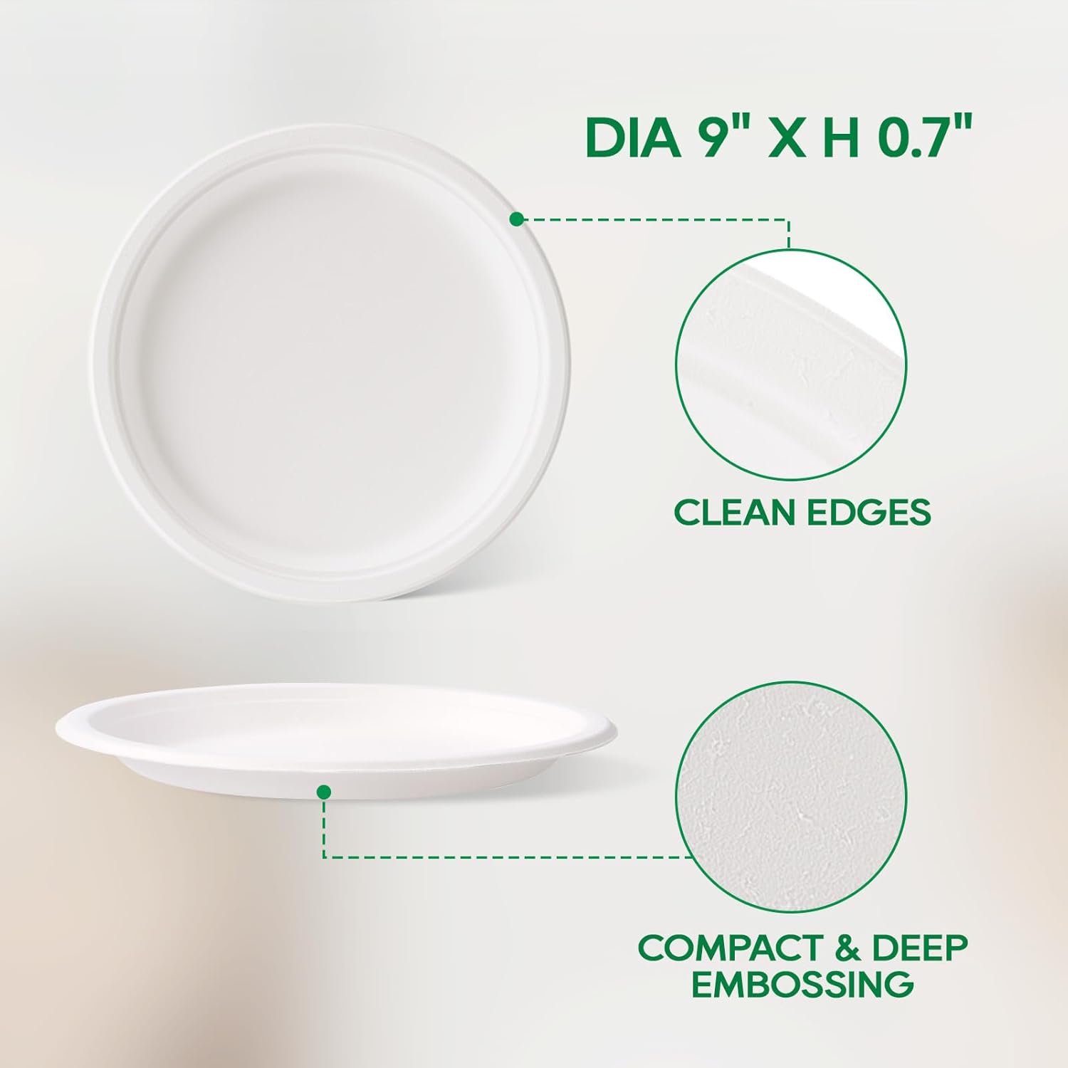 Turbo Bee 150 Pack 9 Inch Disposable Compostable Sugarcane Plates White - Heavy Duty Biodegradable Bagasse Round Dinner Plates for Parties Picnics BBQs
