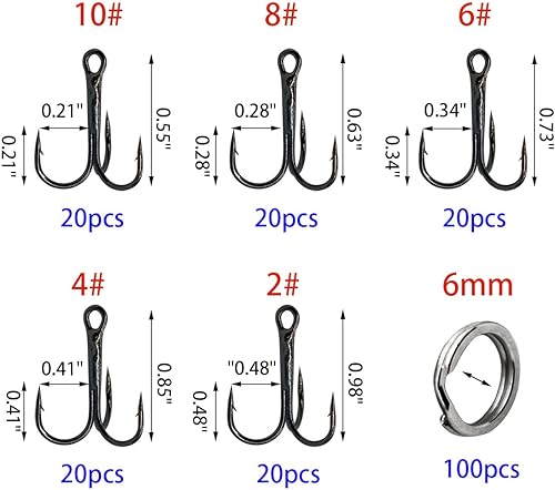 Miniatura 4 de UperUper 200 Pack Fishing Treble Hooks Kit High Carbon Steel Hooks Strong Sharp Round Bend with Split Rings for Lures Baits Saltwater Freshwater
